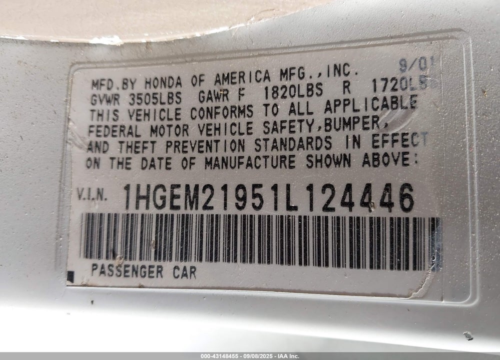 2001 HONDA CIVIC EX VIN: 1HGEM21951L124446
