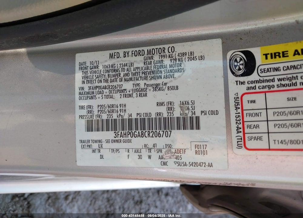 2012 FORD FUSION VIN: 3FAHP0GA8CR206707