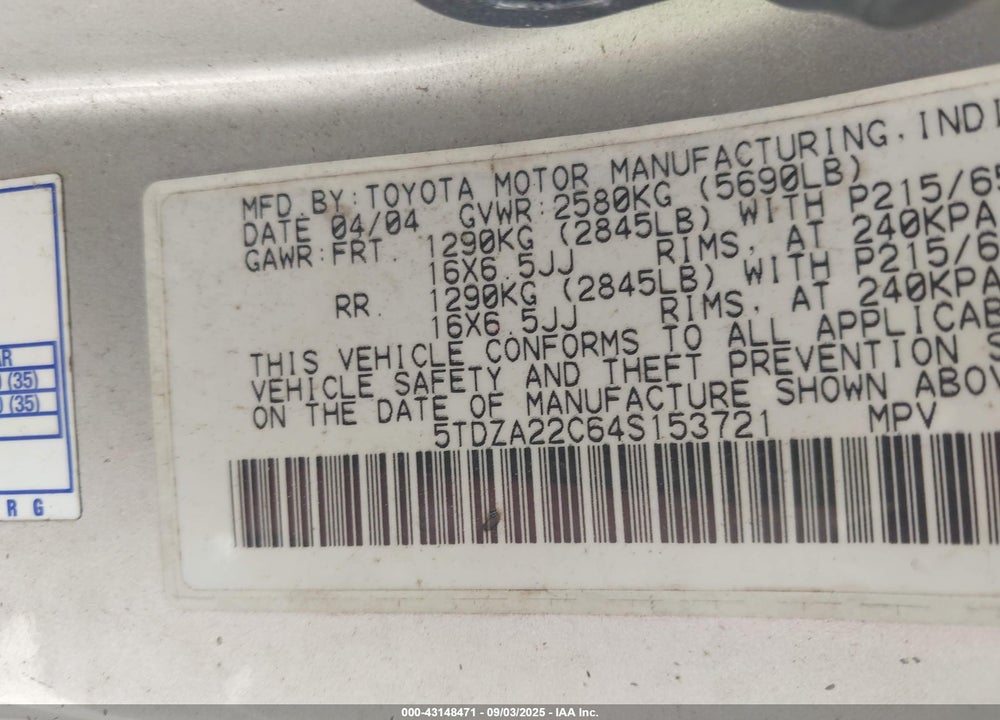 2004 TOYOTA SIENNA XLE VIN: 5TDZA22C64S153721