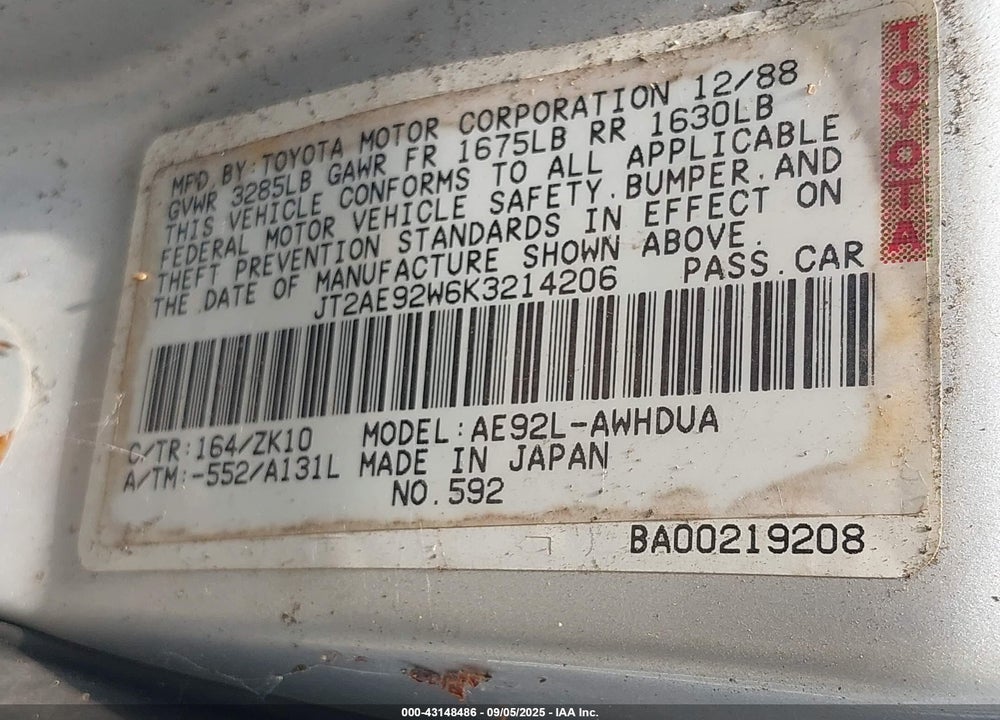 1989 TOYOTA COROLLA DLX VIN: JT2AE92W6K3214206