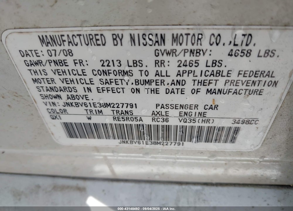 2008 INFINITI G35 JOURNEY VIN: JNKBV61E38M227791