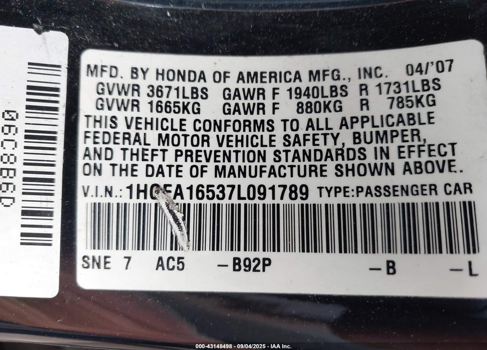 2007 HONDA CIVIC LX VIN: 1HGFA16537L091789