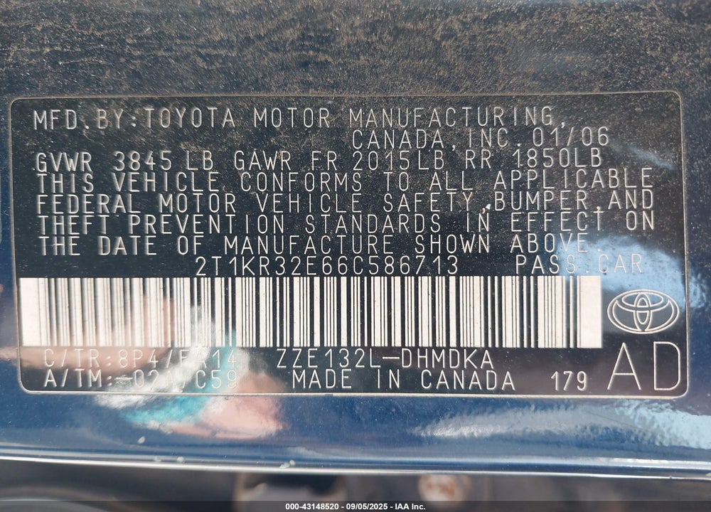 2006 TOYOTA COROLLA MATRIX XR VIN: 2T1KR32E66C586713