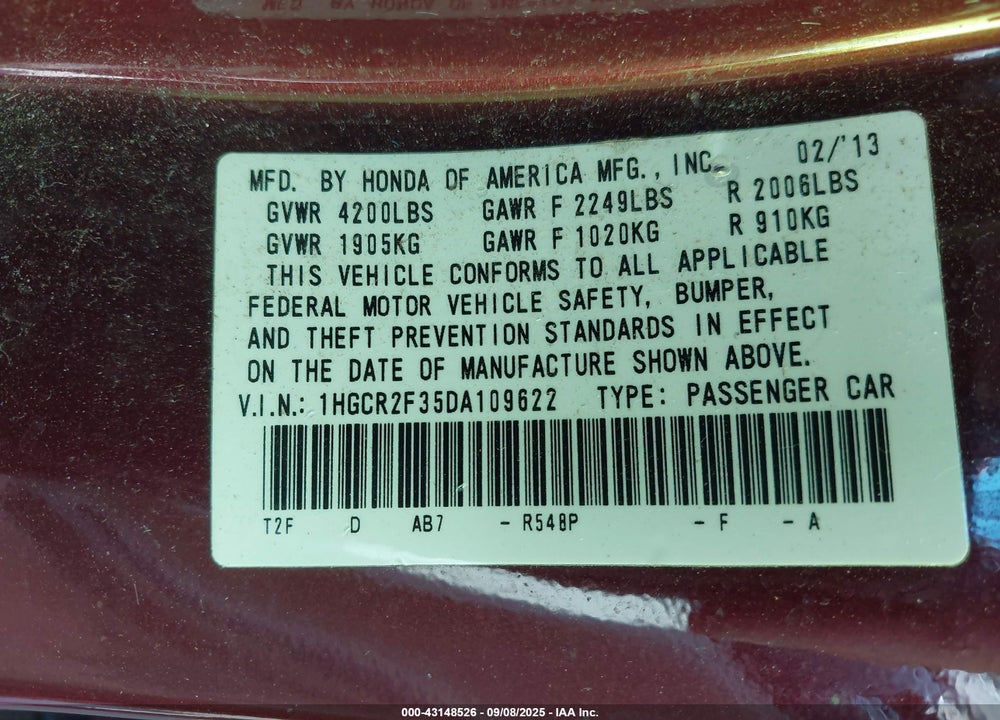 2013 HONDA ACCORD VIN: 1HGCR2F35DA109622