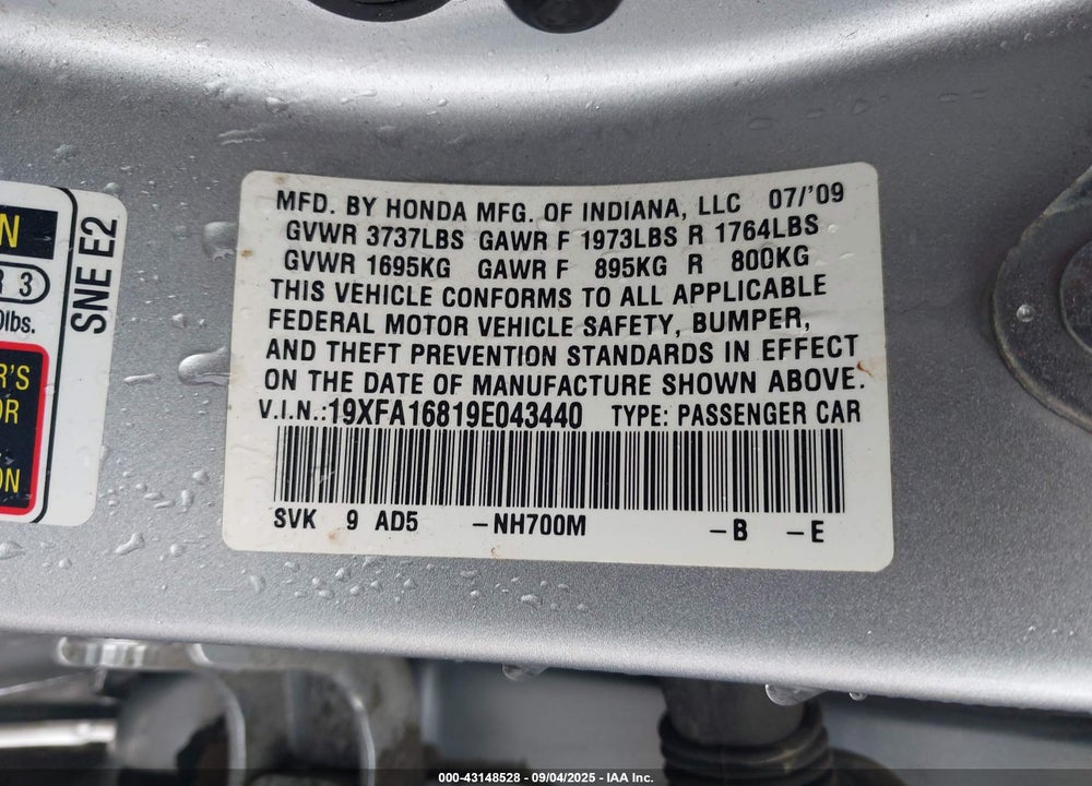 2009 HONDA CIVIC VIN: 19XFA16819E043440