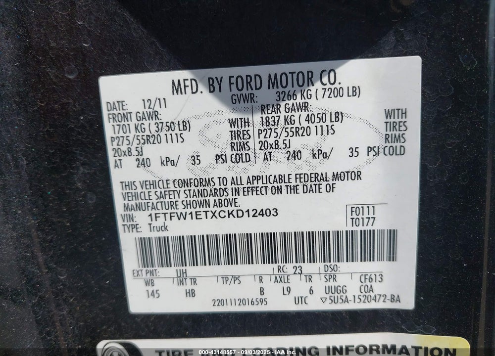 2012 FORD F-150 VIN: 1FTFW1ETXCKD12403