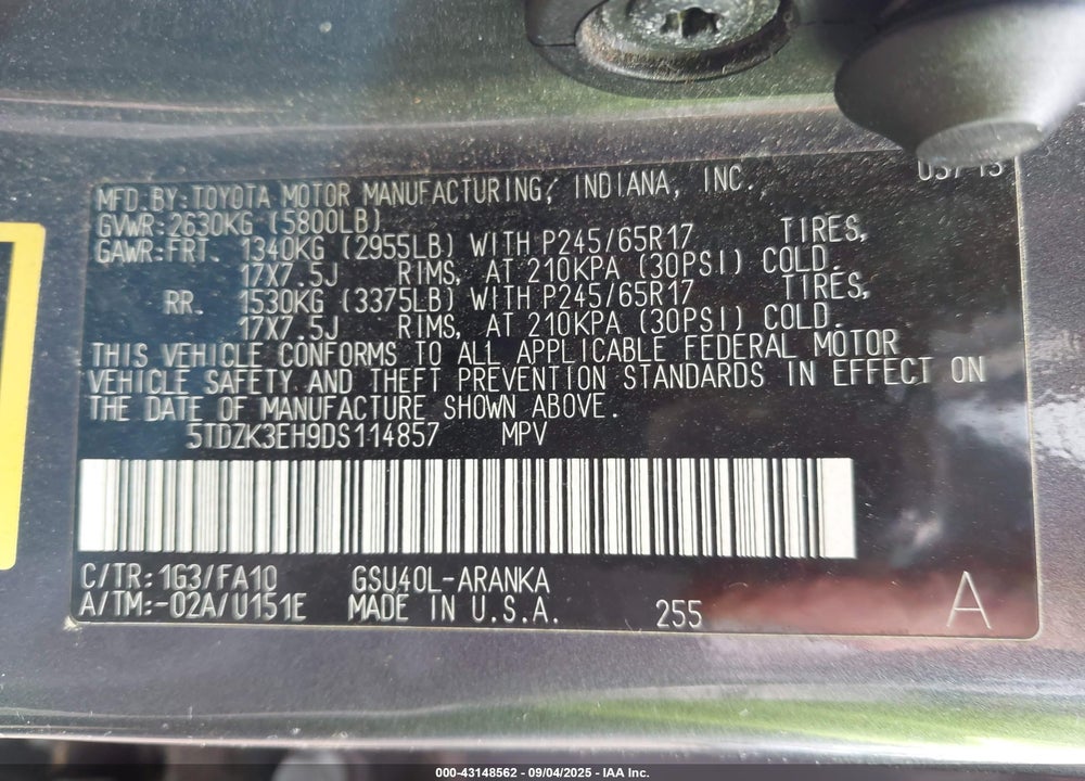 2013 TOYOTA HIGHLANDER VIN: 5TDZK3EH9DS114857