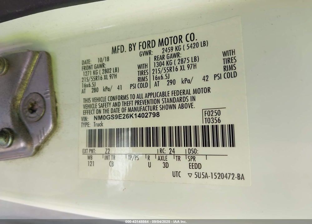 2019 FORD TRANSIT CONNECT XL VIN: NM0GS9E26K1402798