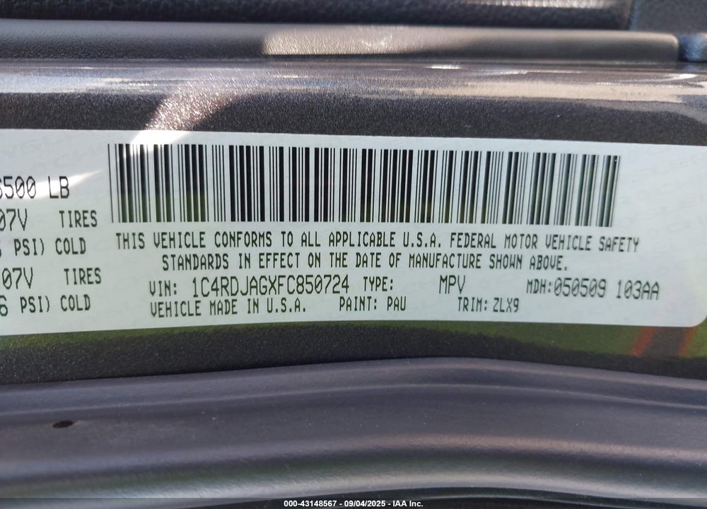 2015 DODGE DURANGO VIN: 1C4RDJAGXFC850724