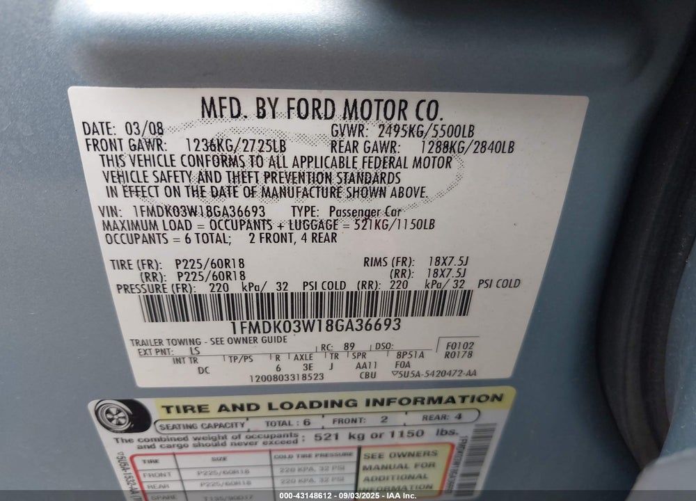 2008 FORD TAURUS X LIMITED VIN: 1FMDK03W18GA36693