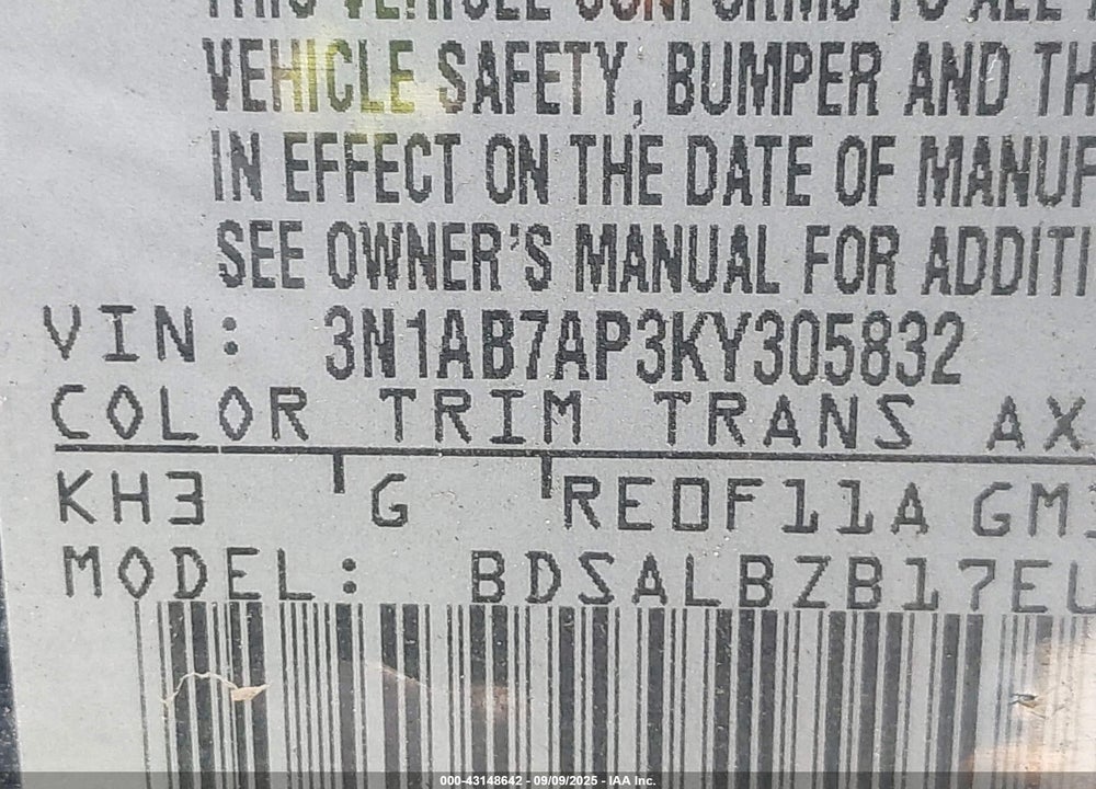 2019 NISSAN SENTRA VIN: 3N1AB7AP3KY305832