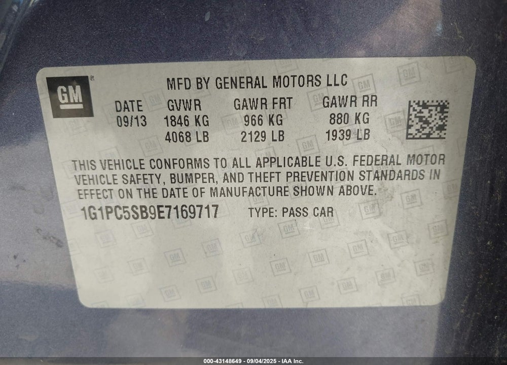 2014 CHEVROLET CRUZE VIN: 1G1PC5SB9E7169717