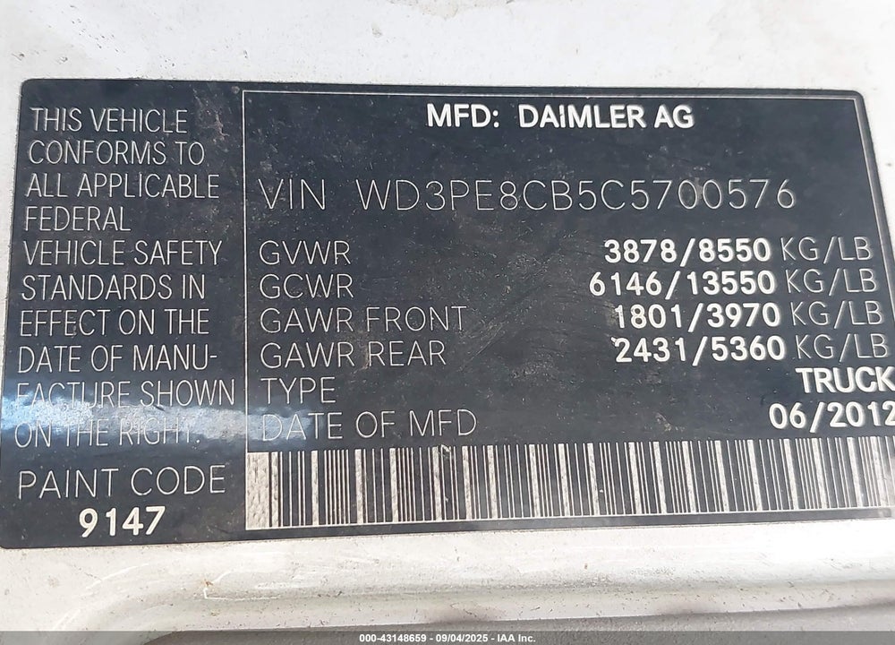 2012 MERCEDES-BENZ SPRINTER 2500 HIGH ROOF VIN: WD3PE8CB5C5700576