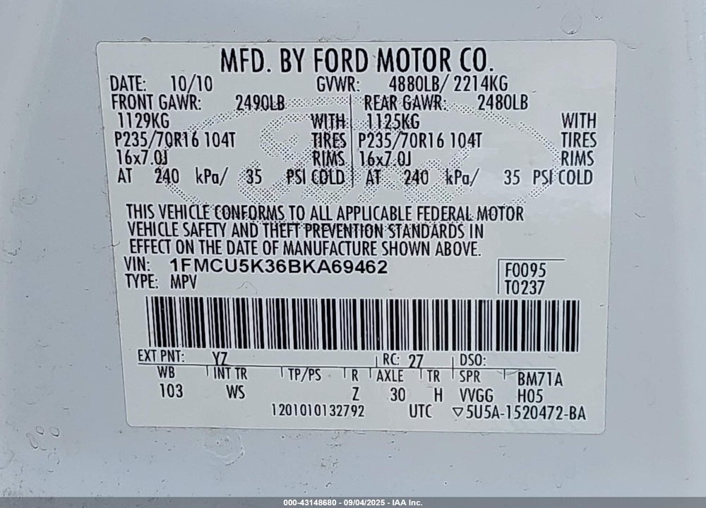 2011 FORD ESCAPE HYBRID VIN: 1FMCU5K36BKA69462