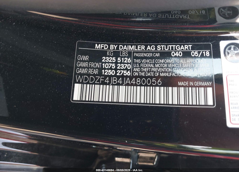 2018 MERCEDES-BENZ E-CLASS VIN: WDDZF4JB4JA480056