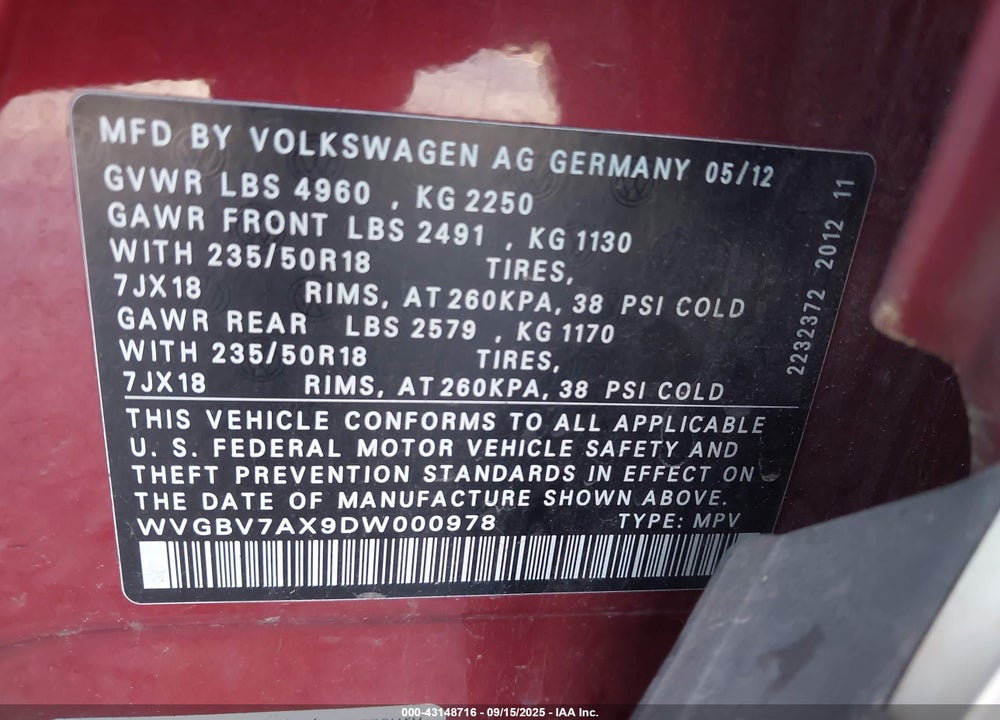 2013 VOLKSWAGEN TIGUAN VIN: WVGBV7AX9DW000978