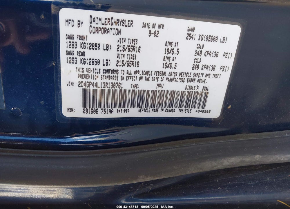 2003 DODGE GRAND CARAVAN SPORT VIN: 2D4GP44L13R130761