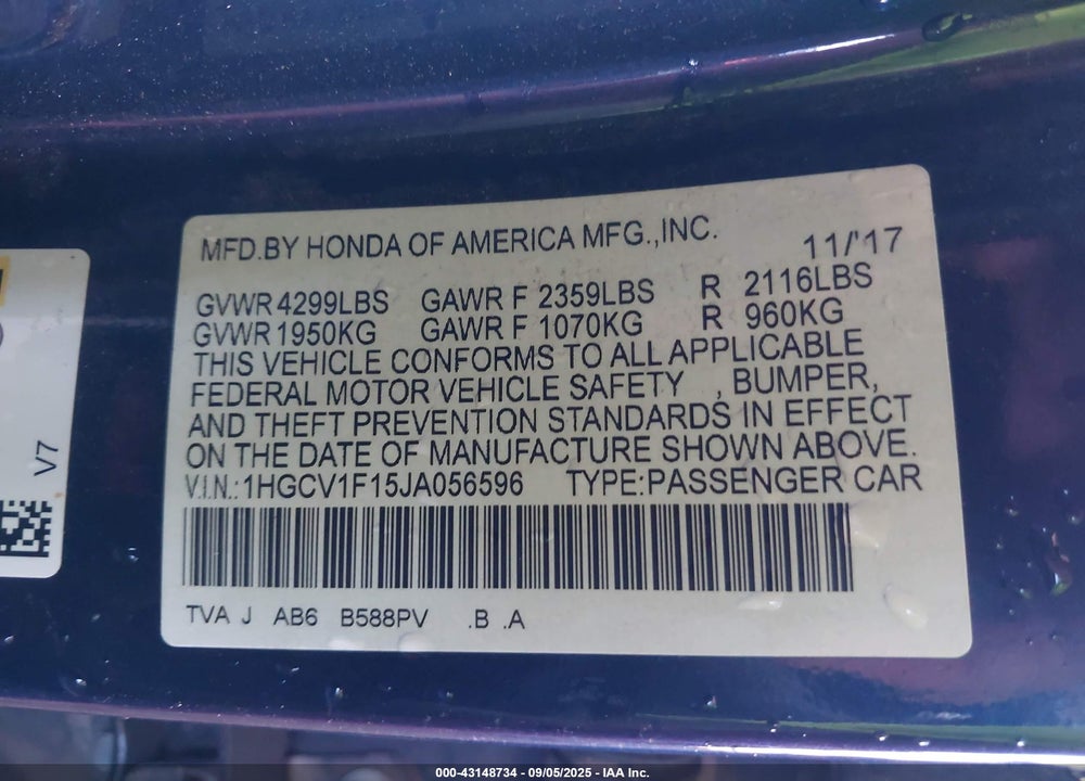 2018 HONDA ACCORD VIN: 1HGCV1F15JA056596