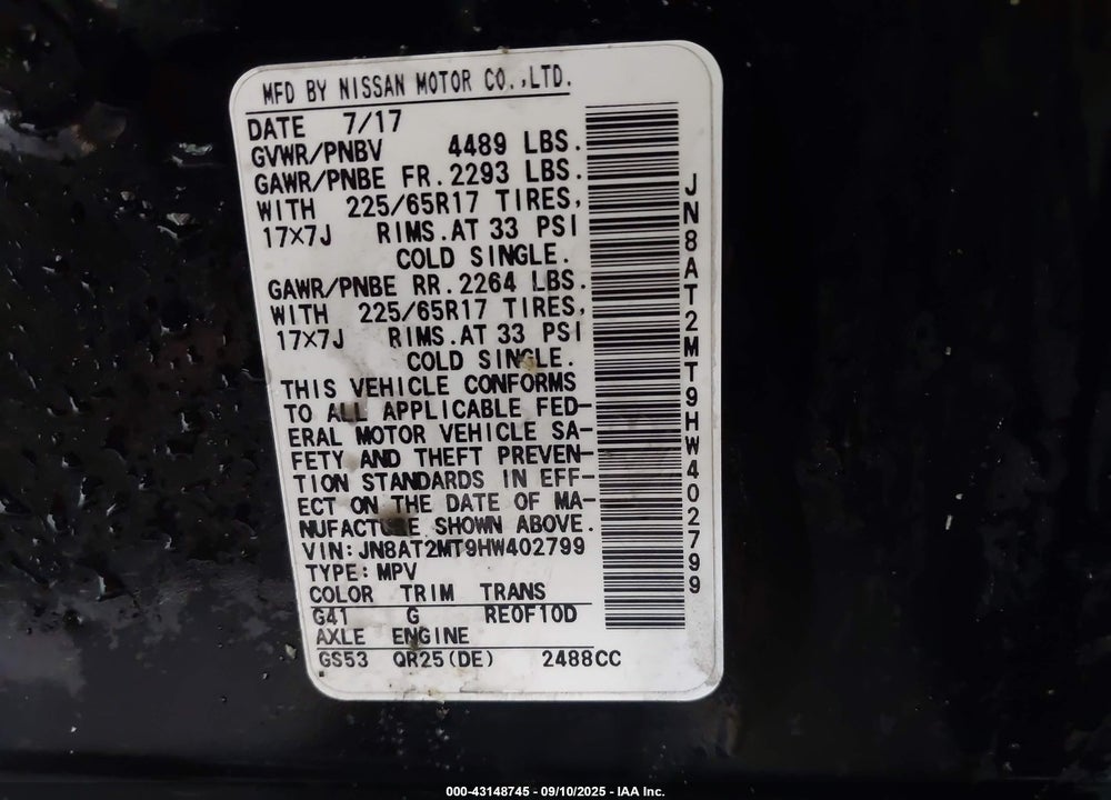 2017 NISSAN ROGUE VIN: JN8AT2MT9HW402799