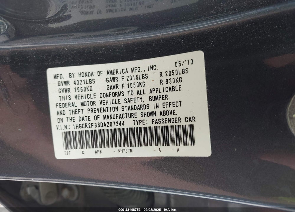 2013 HONDA ACCORD VIN: 1HGCR2F86DA207344