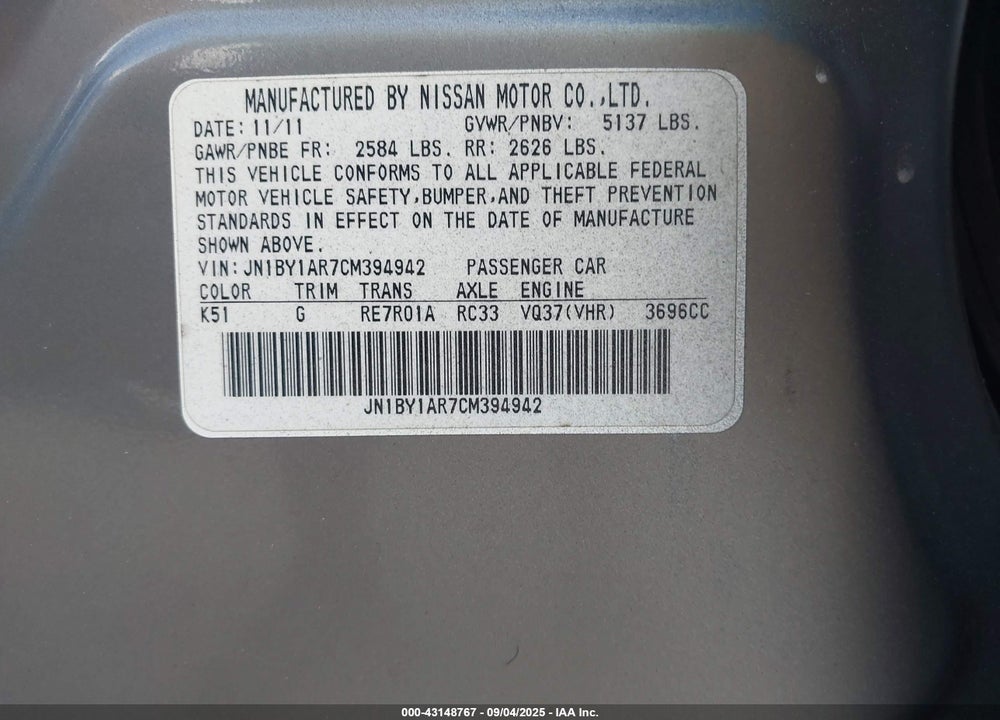 2012 INFINITI M37X VIN: JN1BY1AR7CM394942