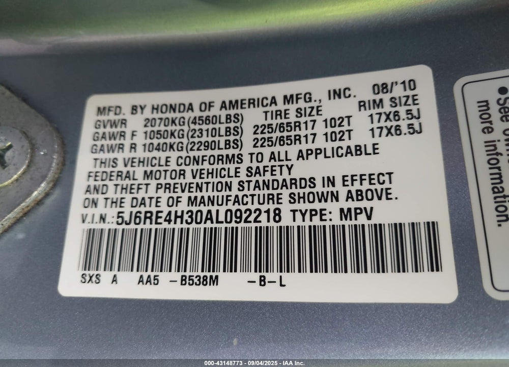 2010 HONDA CR-V VIN: 5J6RE4H30AL092218