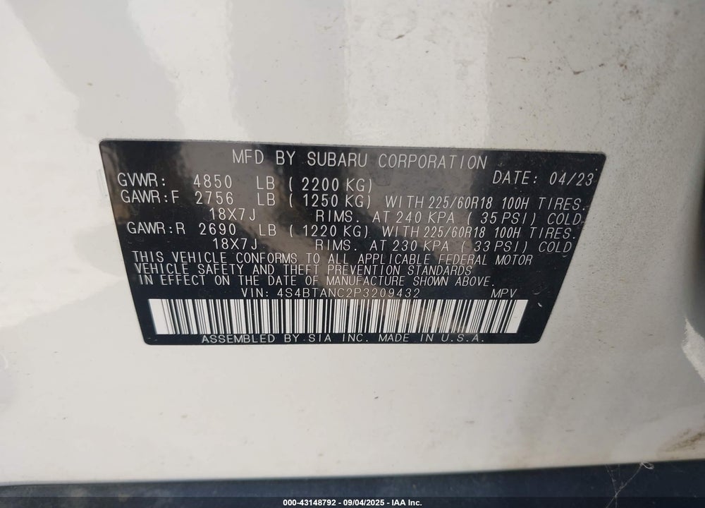 2023 SUBARU OUTBACK VIN: 4S4BTANC2P3209432