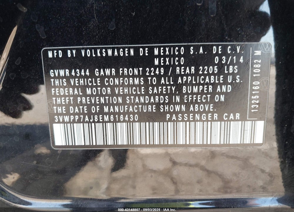 2014 VOLKSWAGEN JETTA VIN: 3VWPP7AJ8EM616430