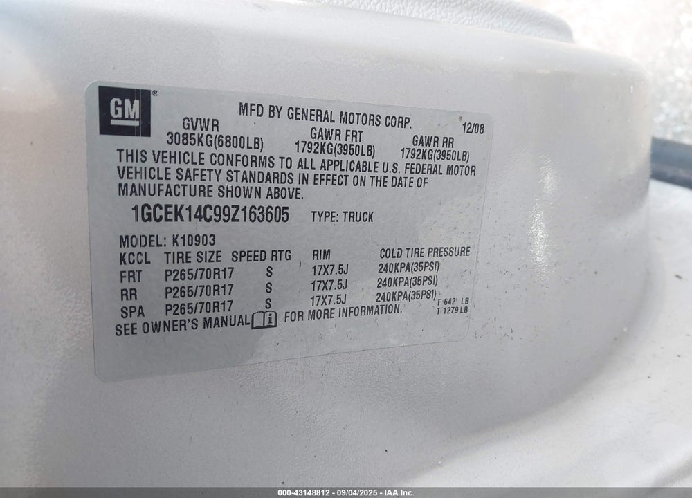 2009 CHEVROLET SILVERADO 1500 VIN: 1GCEK14C99Z163605