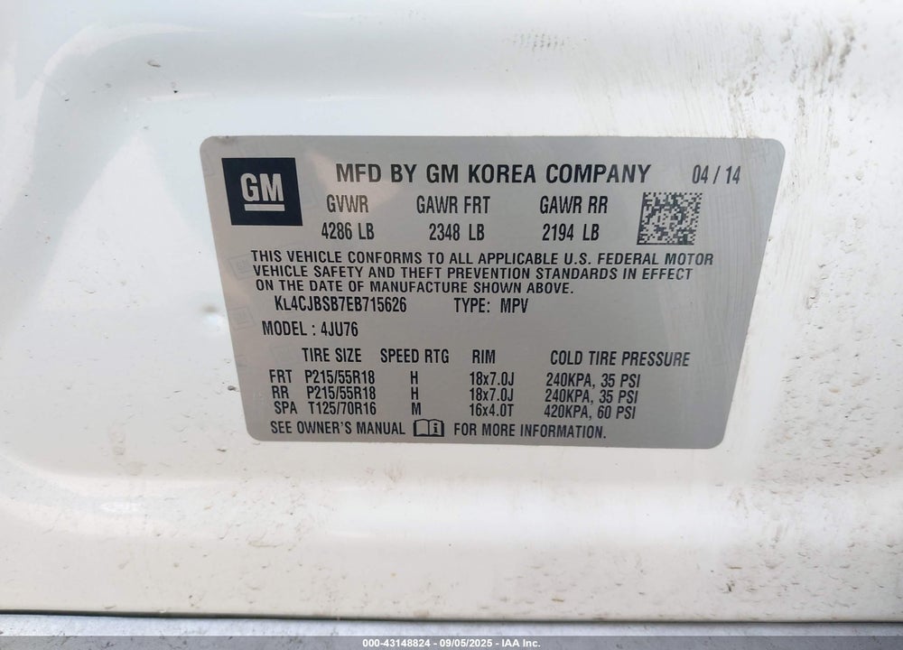 2014 BUICK ENCORE CONVENIENCE VIN: KL4CJBSB7EB715626