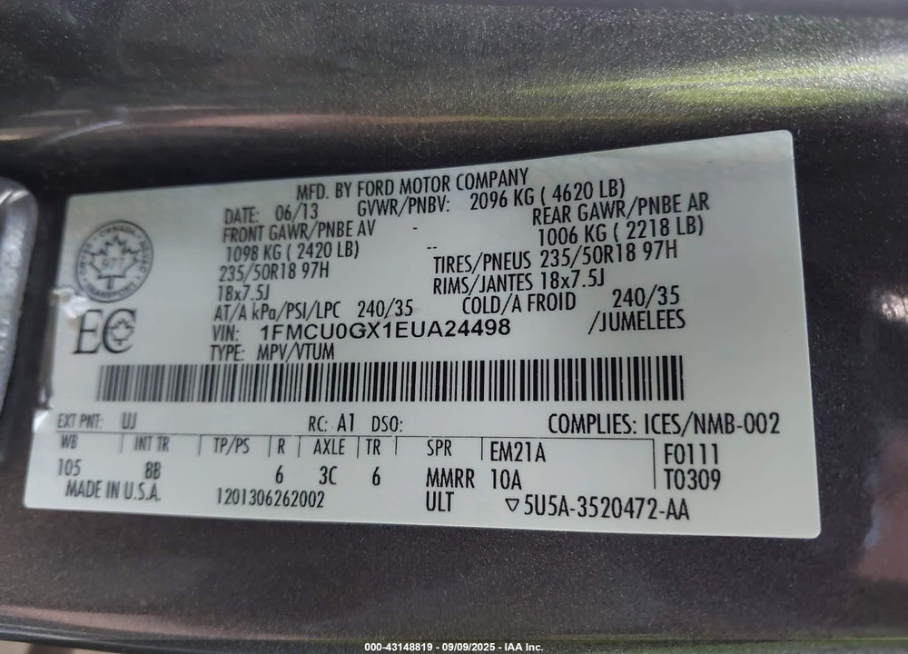 2014 FORD ESCAPE SE VIN: 1FMCU0GX1EUA24498