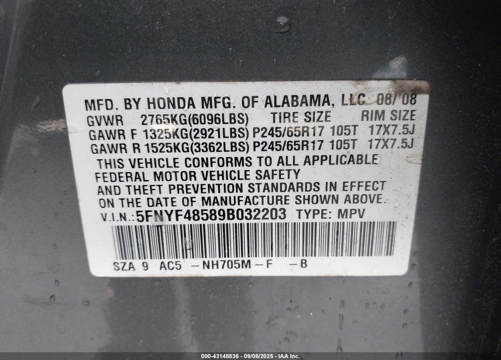 2009 HONDA PILOT VIN: 5FNYF48589B032203