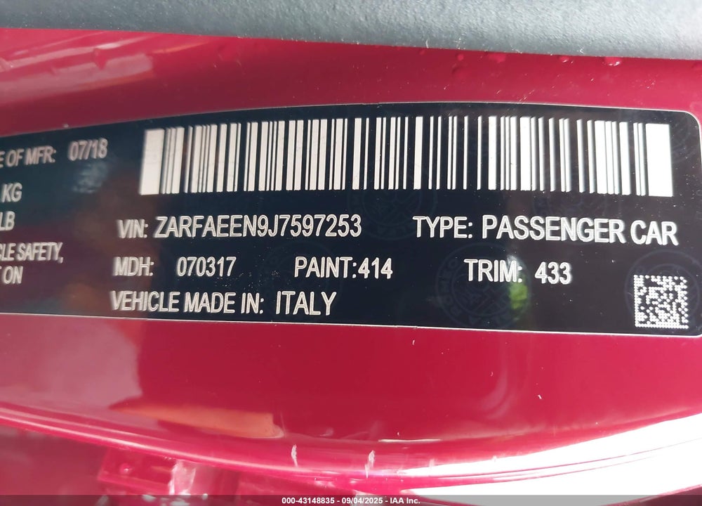 2018 ALFA ROMEO GIULIA VIN: ZARFAEEN9J7597253