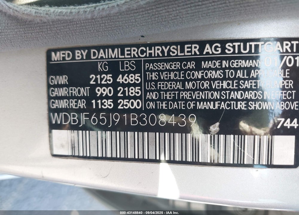 2001 MERCEDES-BENZ E 320 VIN: WDBJF65J91B308439