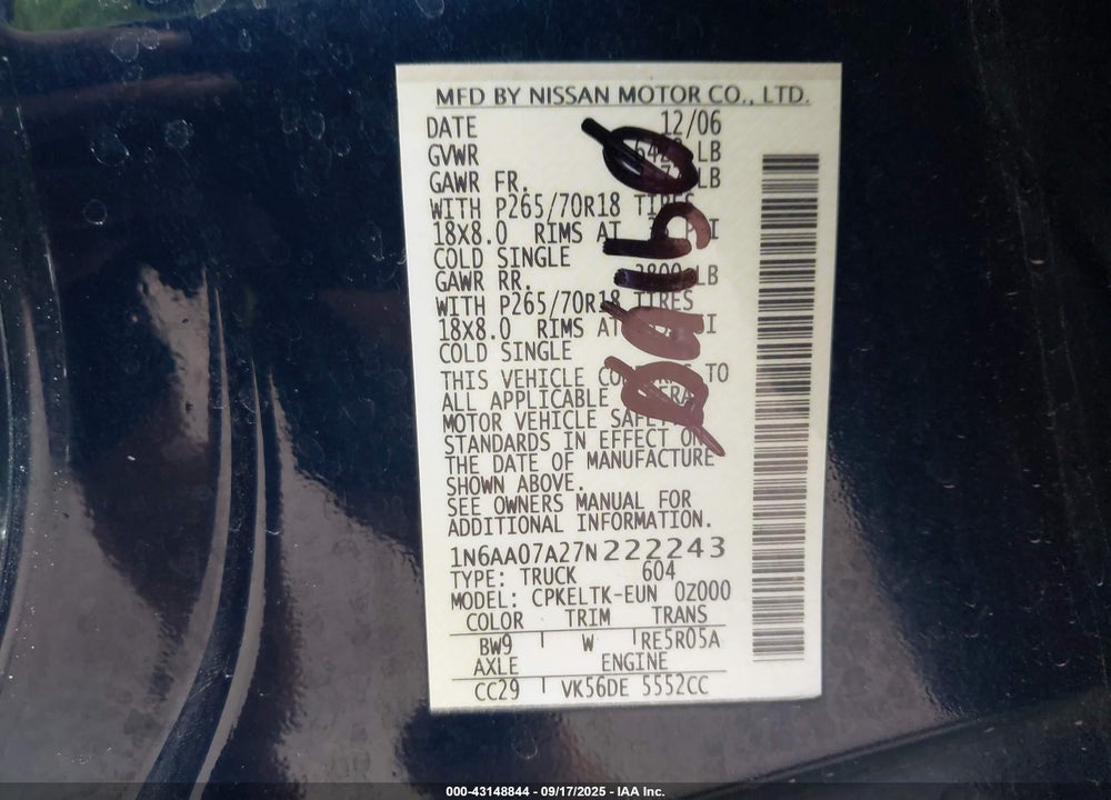 2007 NISSAN TITAN SE VIN: 1N6AA07A27N222243