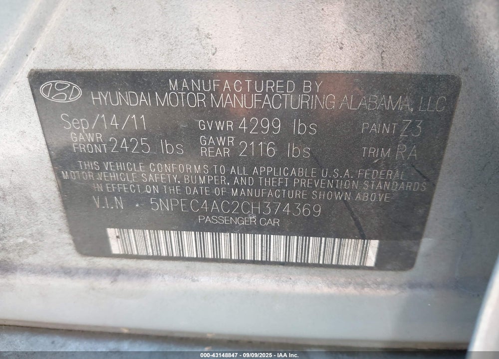2012 HYUNDAI SONATA VIN: 5NPEC4AC2CH374369