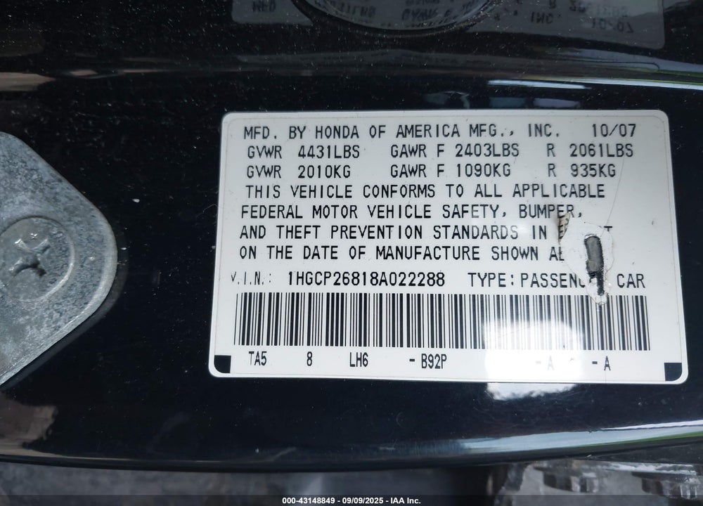 2008 HONDA ACCORD 2.4 EX-L VIN: 1HGCP26818A022288