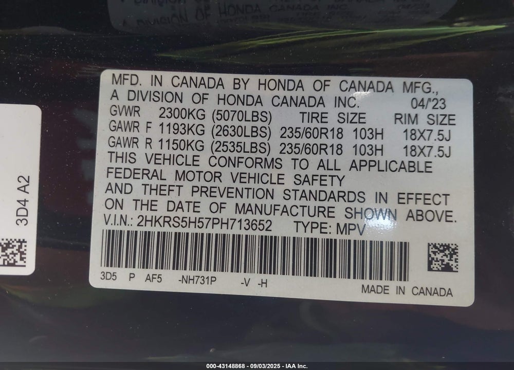 2023 HONDA CR-V VIN: 2HKRS5H57PH713652