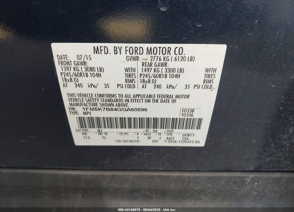 2016 FORD EXPLORER VIN: 1FM5K7B84GGA60596