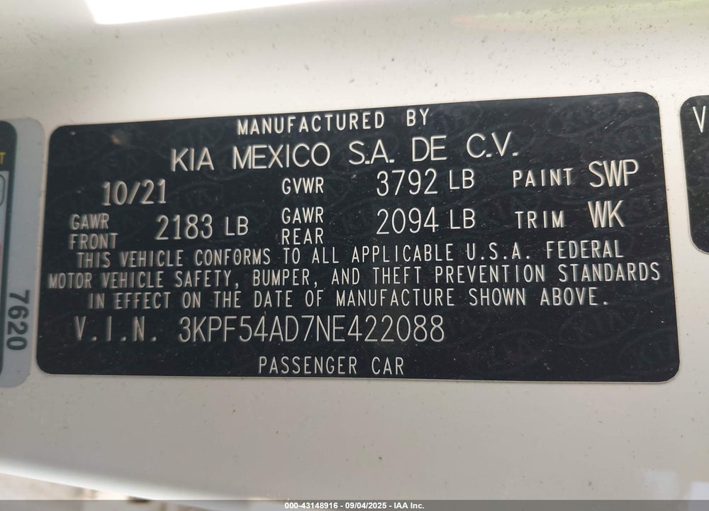 2022 KIA FORTE VIN: 3KPF54AD7NE422088