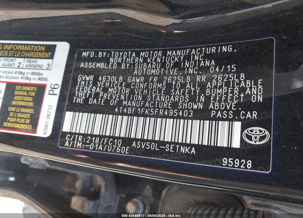 2015 TOYOTA CAMRY LE VIN: 4T4BF1FK5FR495403