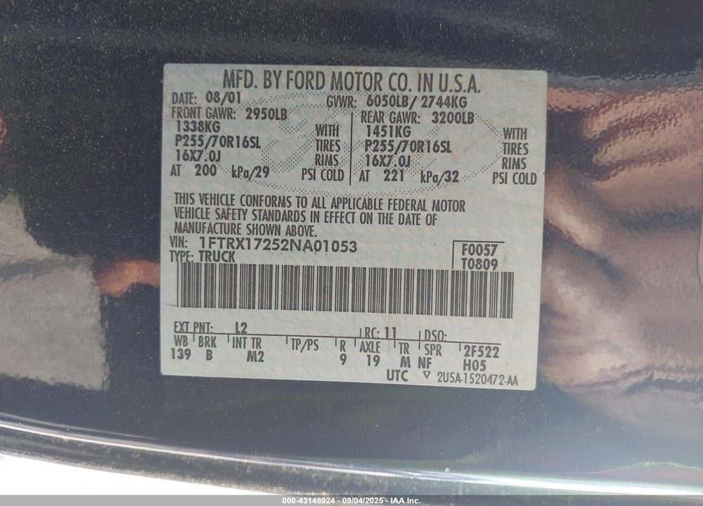2002 FORD F-150 XL/XLT VIN: 1FTRX17252NA01053