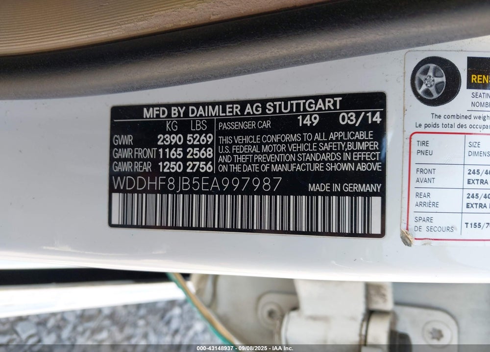 2014 MERCEDES-BENZ E-CLASS VIN: WDDHF8JB5EA997987
