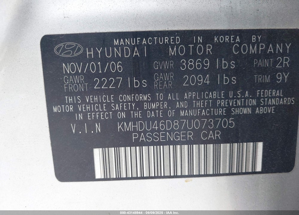 2007 HYUNDAI ELANTRA GLS/LIMITED/SE VIN: KMHDU46D87U073705