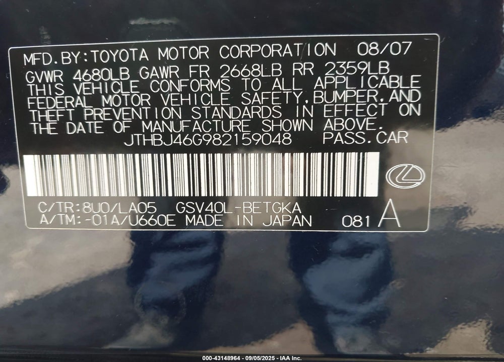 2008 LEXUS ES 350 VIN: JTHBJ46G982159048