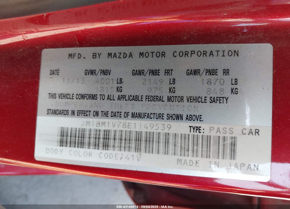 2014 MAZDA 3 I TOURING VIN: JM1BM1V78E1149539