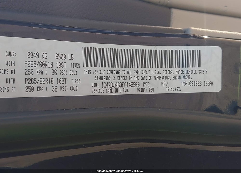 2015 DODGE DURANGO VIN: 1C4RDJAG3FC145960