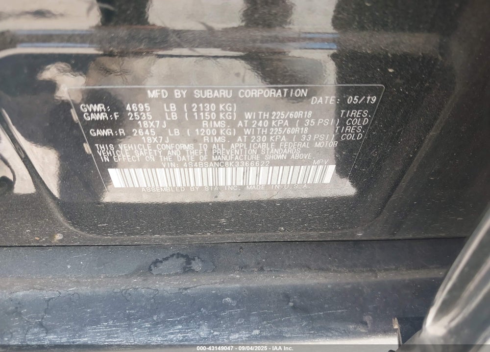 2019 SUBARU OUTBACK VIN: 4S4BSANC8K3366622
