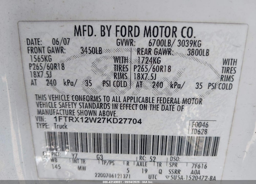 2007 FORD F-150 STX/XL/XLT VIN: 1FTRX12W27KD27704