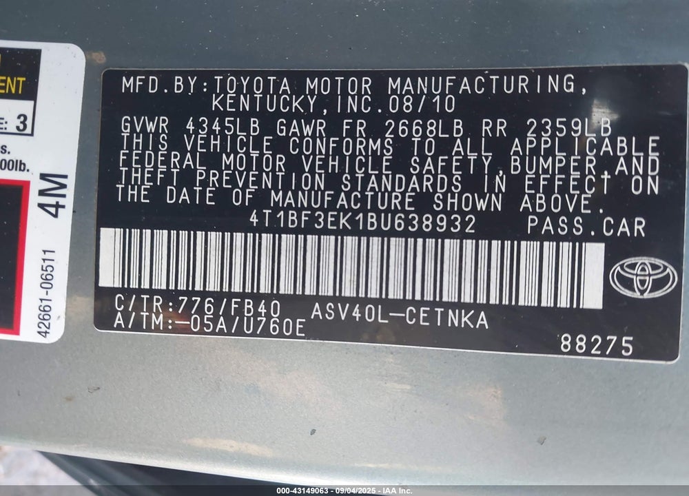 2011 TOYOTA CAMRY LE VIN: 4T1BF3EK1BU638932